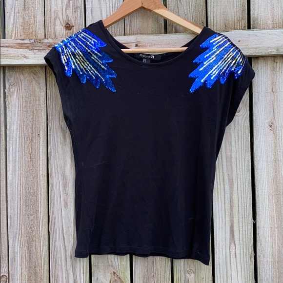 EUC Forever 21 Black Blue Sequins Top - Picture 1 of 9